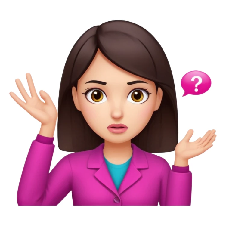 Social media manager. She has dark brown hair, brown eyes, , confused expression, raised eyebrows, questioning face, one hand on the head as if not understanding analytics.. Use vibrant colors with a focus on pink and fuchsia tone sticker