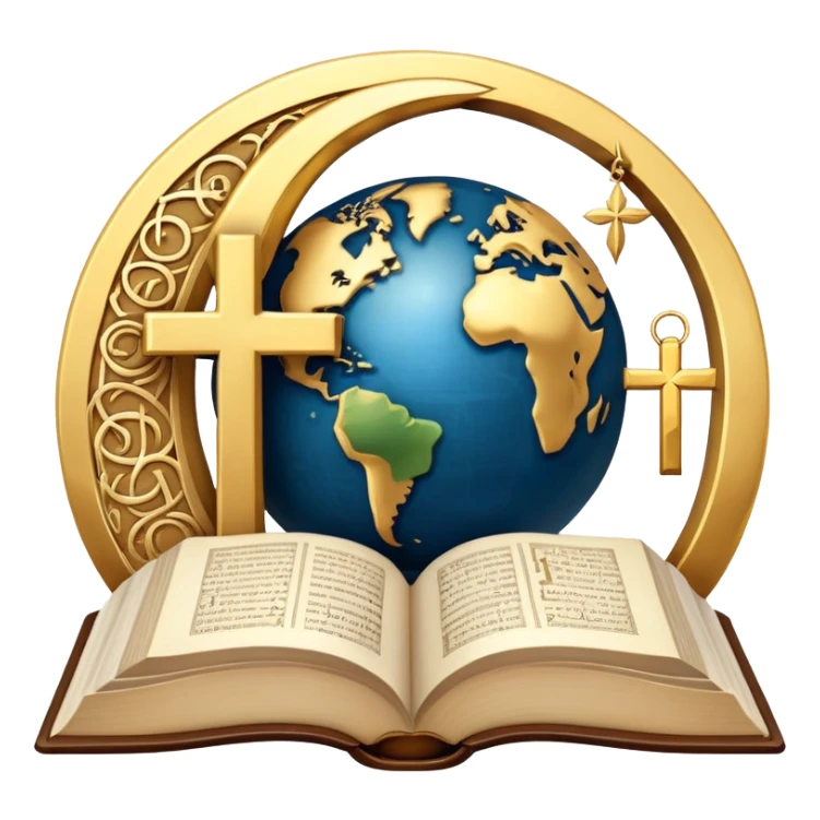 An icon featuring a Bible, The Quran, The Orthodox cross, a crescent moon, symbolizing the study of religions. The design includes diverse religious symbols and a globe, representing global beliefs and spiritual practices. Transparent background highlights the exploration of faiths and traditions. sticker