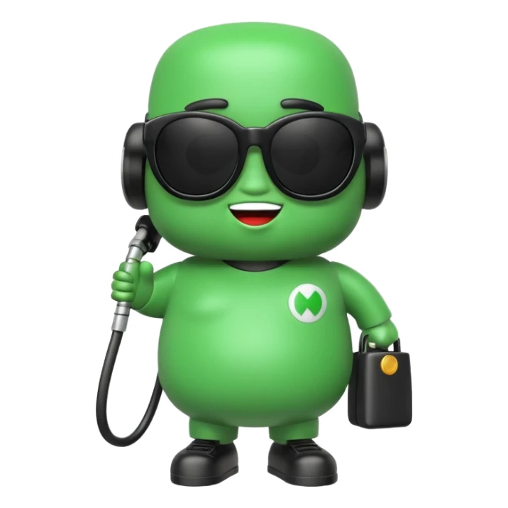 A cute 3D icon of a green gas pump character wearing oversized black sunglasses. Round and chubby proportions, glossy toy-like texture, soft pastel lighting, friendly expression, smooth edges, high-quality render, isolated on a transparent background. sticker