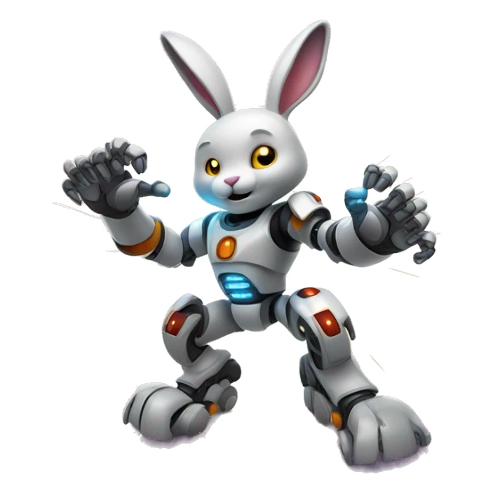 The robot rabbit surrounded by glowing effects or energy lines, with its fist in the air as if powering up. sticker