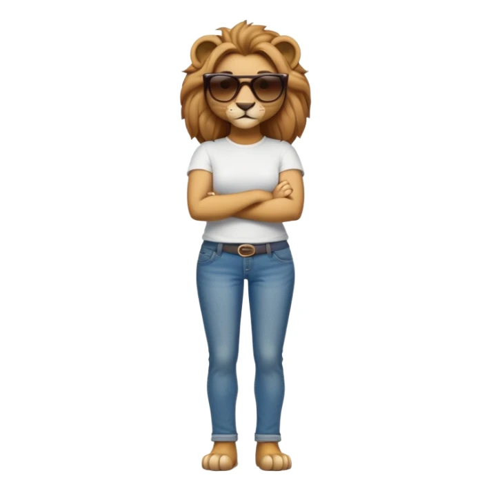 friendly anthropomorphised female lion character, full body, standing confidently with legs shoulder width apart and arms folded, wearing jeans, a white t-shirt, and dark sunglasses, with a confident smile sticker