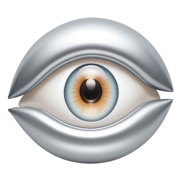 white capital letter O inside almond-shaped gradient eye, silver curved accents on both sides, symbolizing vision and clarity sticker