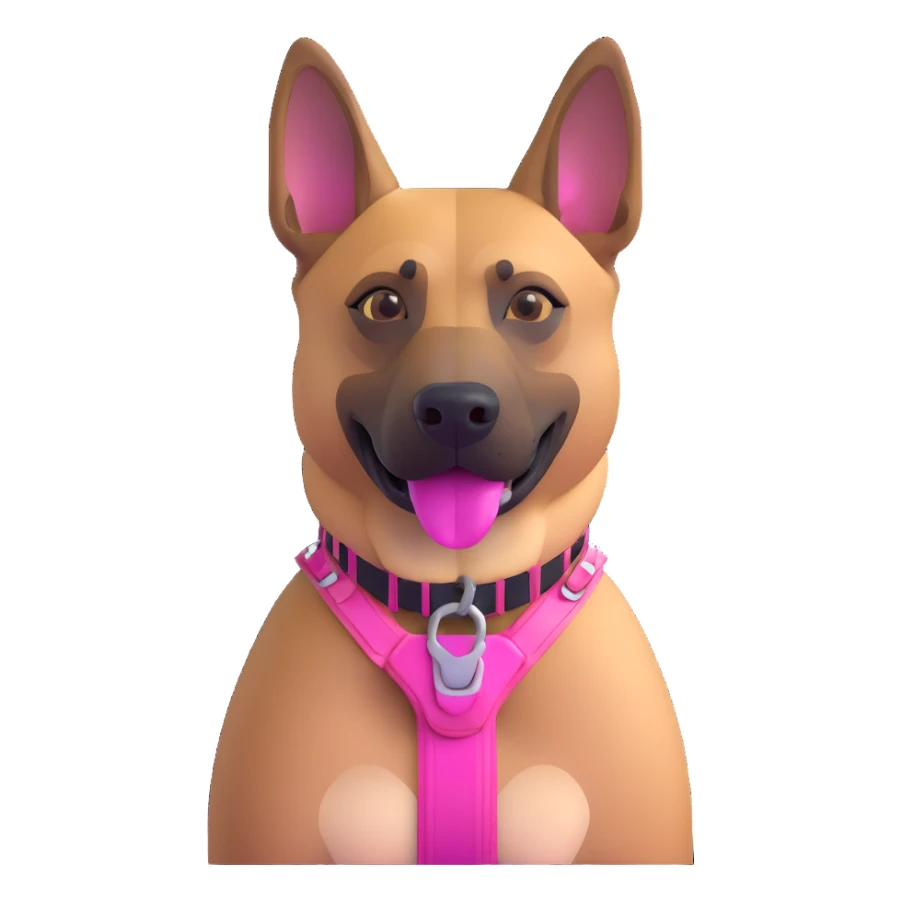 Add a pink harness, pink muzzle, and pink collar to the Belgian Malinois dog, keeping the 3D emoji iOS 18 style sticker