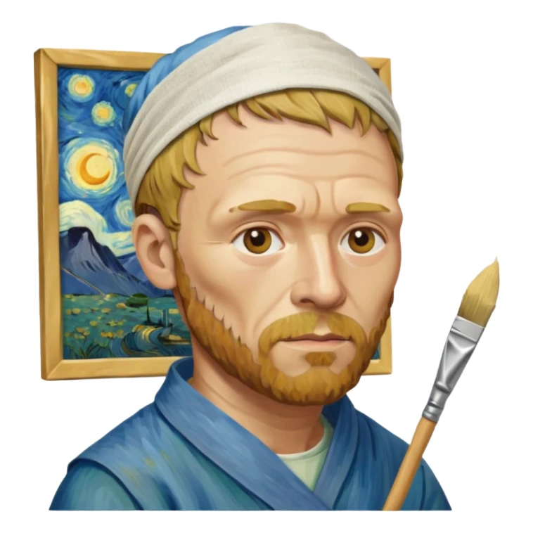 van gogh paints on a canvas. right ear is bandaged. sticker