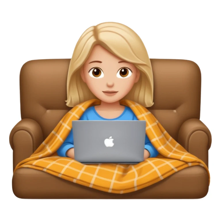 A white girl lies on a sofa under a blanket with a laptop sticker