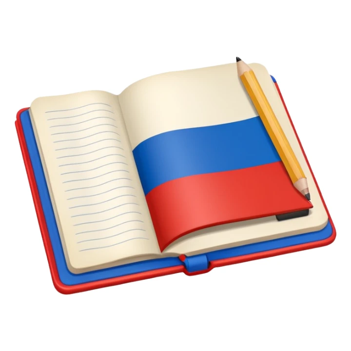 book with Russian flag colors, open notebook and pencil nearby sticker