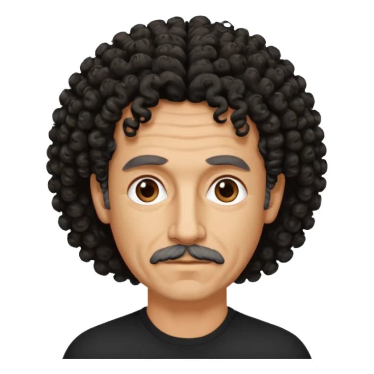 60 year old Greek man with short black curly frizzy thin hair that sticks up and has a black shirt sticker