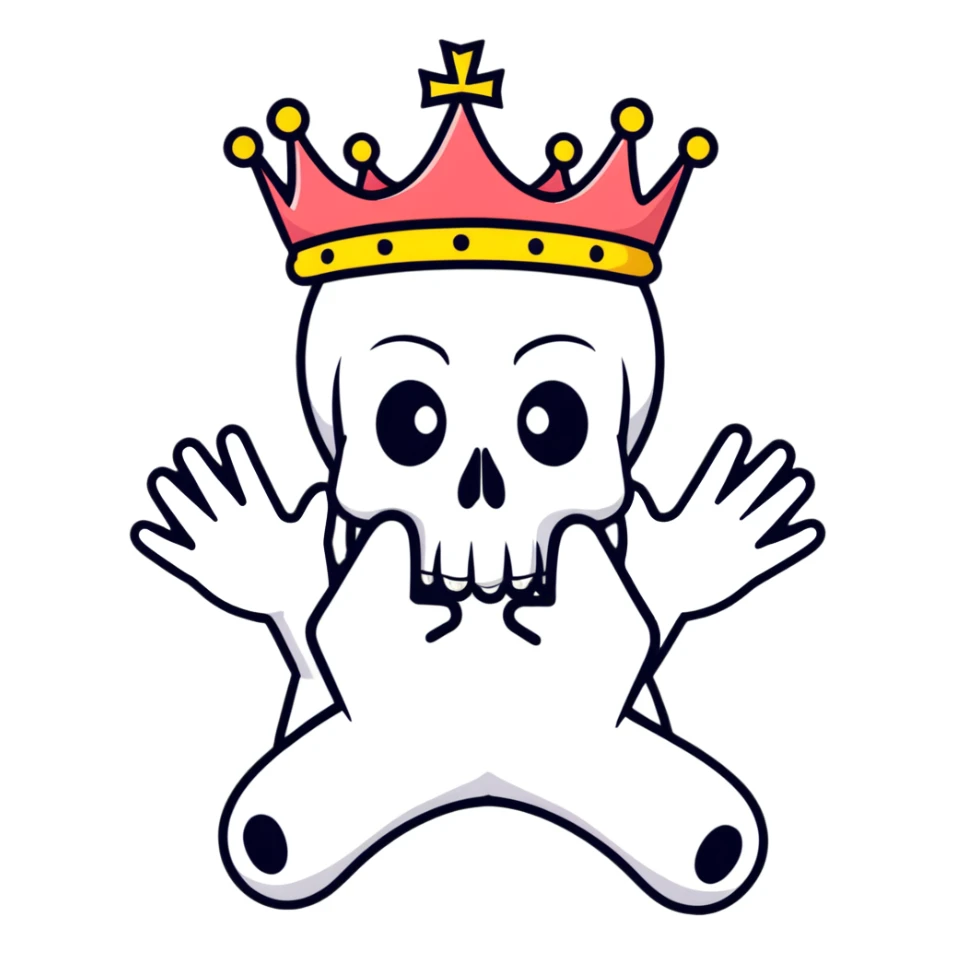 A shocked skull with a crown on top, both hands raised pressing on its head in disbelief, black and white sticker