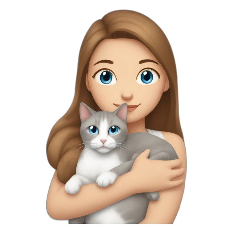 light gray, blue eyed cat cuddles brown highlighted colored girl sticker
