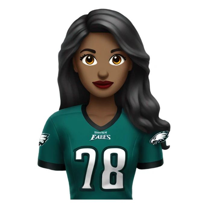 White female long dark hair red lips wearing Philadelphia Eagles jersey sticker