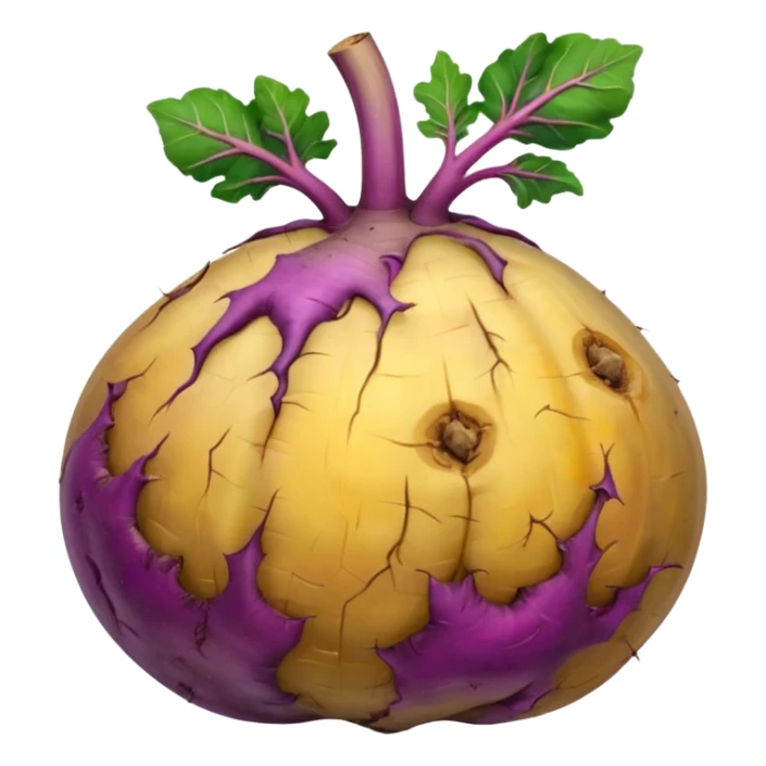 whole rutabaga root, rounded bulbous shape, rough textured skin, mottled purple beige yellow tones, trimmed stem remnants, faint root hairs, fresh earthy, soft lighting, subtle shadows, emoji scale, transparent background sticker