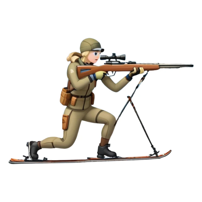An icon showing a snowy landscape with pine trees, mountains, and a clear sky with a biathlete aiming a rifle in the foreground, wearing winter gear and skis. Transparent background emphasizes the precision, endurance, and beauty of this winter sport. sticker