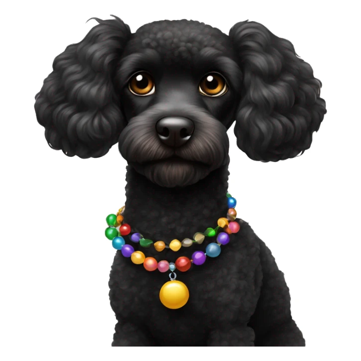 One Small Black Poodle with one  colorful bead necklaces with brown harness sticker