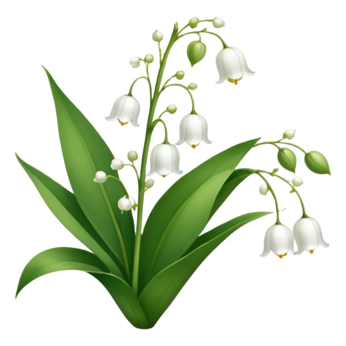 Botanically accurate lily of the valley with large oval basal leaves pointing upward, and a central stem with small white bell-shaped flowers hanging to one side sticker
