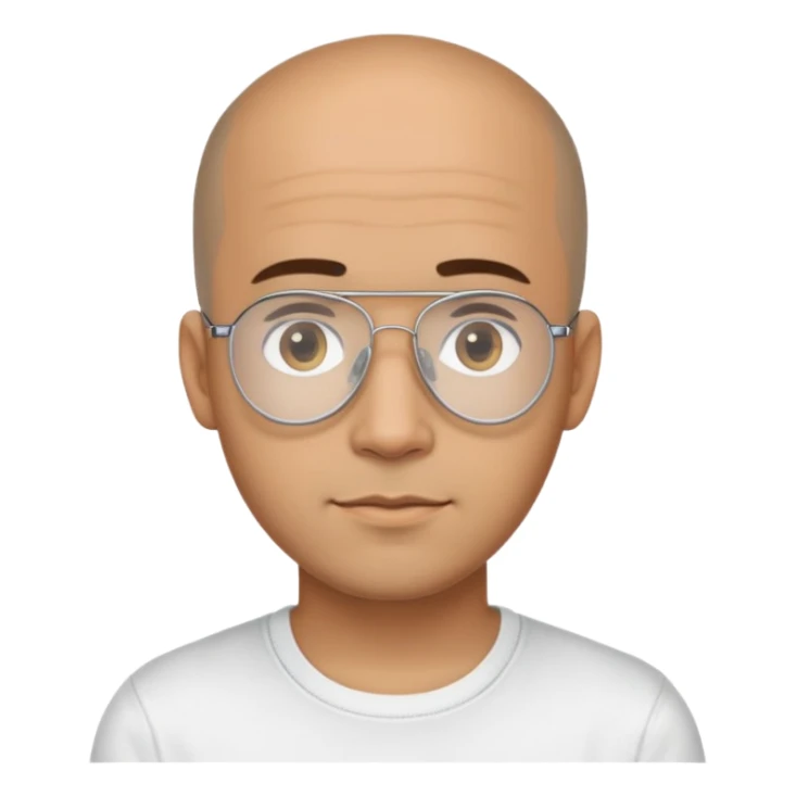 Light brown skinned Latino man with oval face, transparent aviator eyeglasses with thin metal frames, completely bald sides with extremely short dark curly hair only on crown, friendly neutral expression, casual black t-shirt sticker