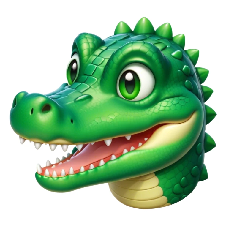 Cinematic Cute Crocodile Portrait Emoji, Head tilted playfully and inquisitively, featuring a smooth, glossy emerald-green hide with subtle textured scales and round, sparkling eyes filled with curious mischief, Simplified yet irresistibly adorable features, highly detailed, glowing with a warm, friendly glow, high shine, affectionate and surprisingly charming, stylized with a touch of wild whimsy, bright and endearing, soft glowing outline, capturing the essence of a mischievous yet lovable crocodile, so playful it feels like it could snap out of the screen into your arms! sticker