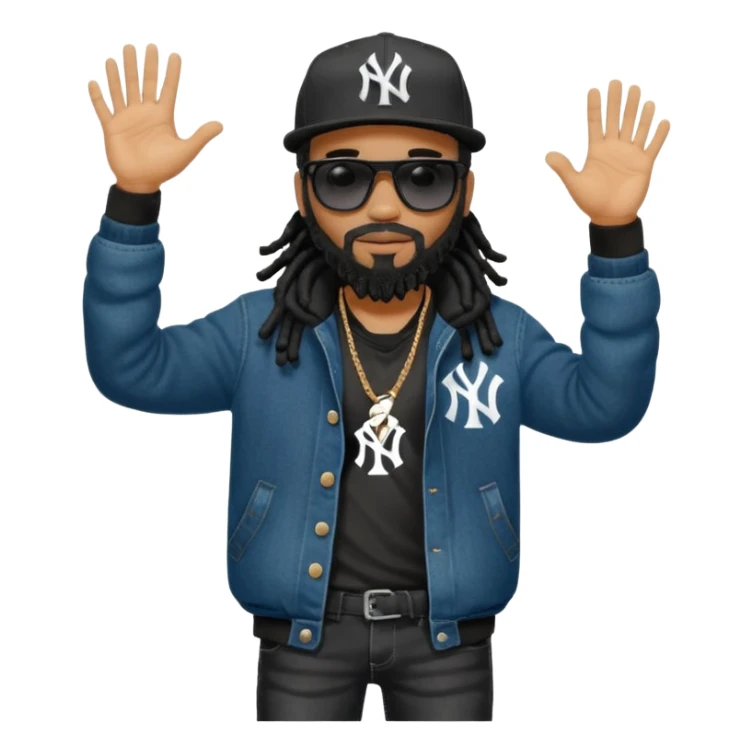 African American man with shoulder length black dreadlocks with black beard wearing black sunglasses wearing a New York Yankees logo baseball cap wearing a black bubble winter coat wearing denim skinny jeans and Timberland boots hand giving a high five sticker