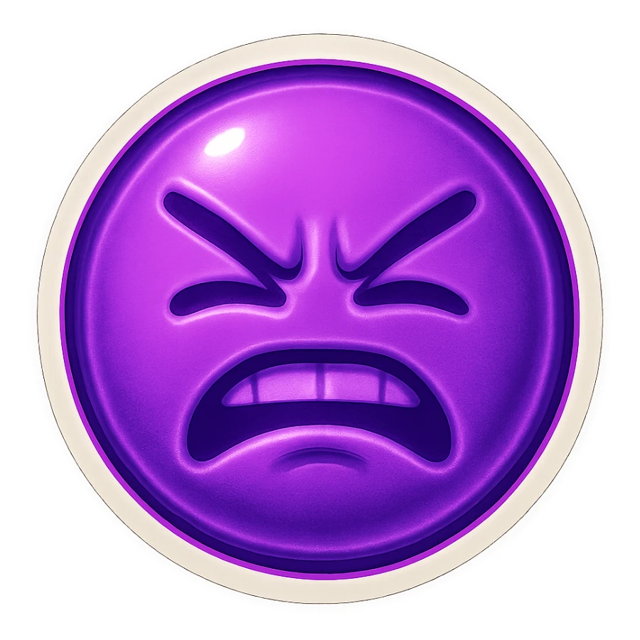 A funny face emote with a neon purple theme, expressing frustration, compact and expressive sticker
