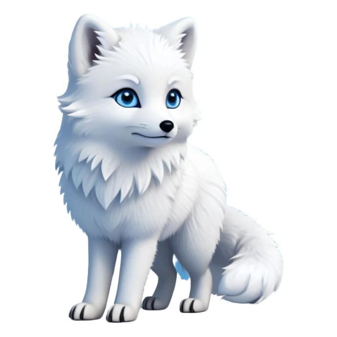 cinematic-arctic-fox-realistic-full-body-standing-emoji,-fluffy-tail-curled-slightly-around-its-paws,-thick-pure-white-fur-blending-into-the-snowy-landscape,-head-tilted-dramatically,-bright-blue-eyes-glistening-with-intelligence,-simplified-yet-realistic-focused-features,-highly-detailed,-glowing-with-an-almost-sarcastic-glow expressive eyes sticker