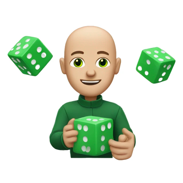a guy with bald hair and green eyes with floating dice in hands sticker