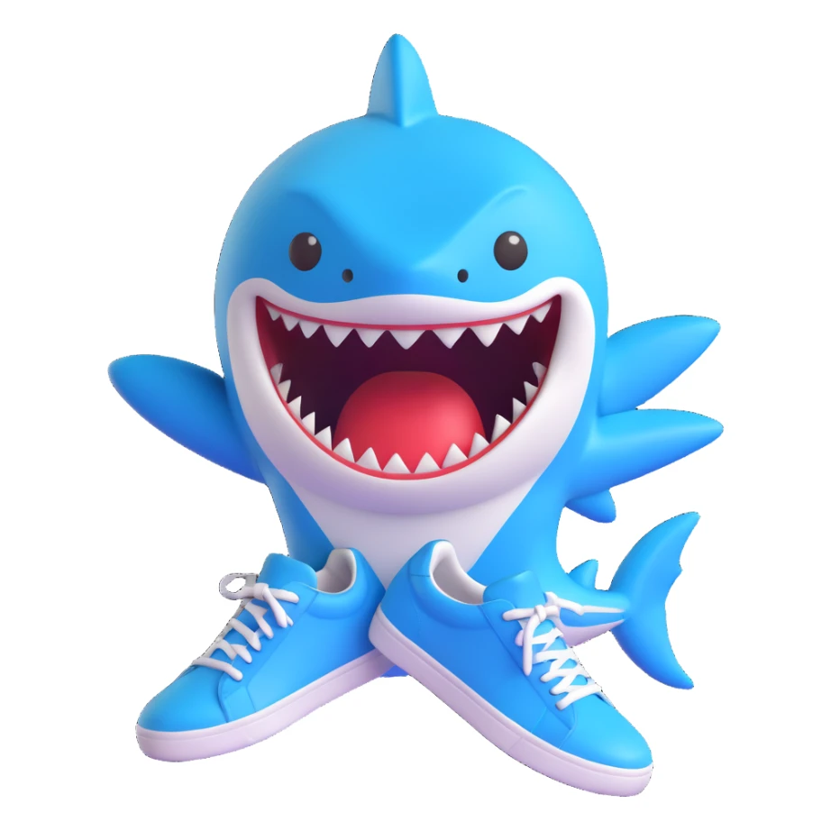 funny shark with blue sneakers, emoji style, transparent background sticker