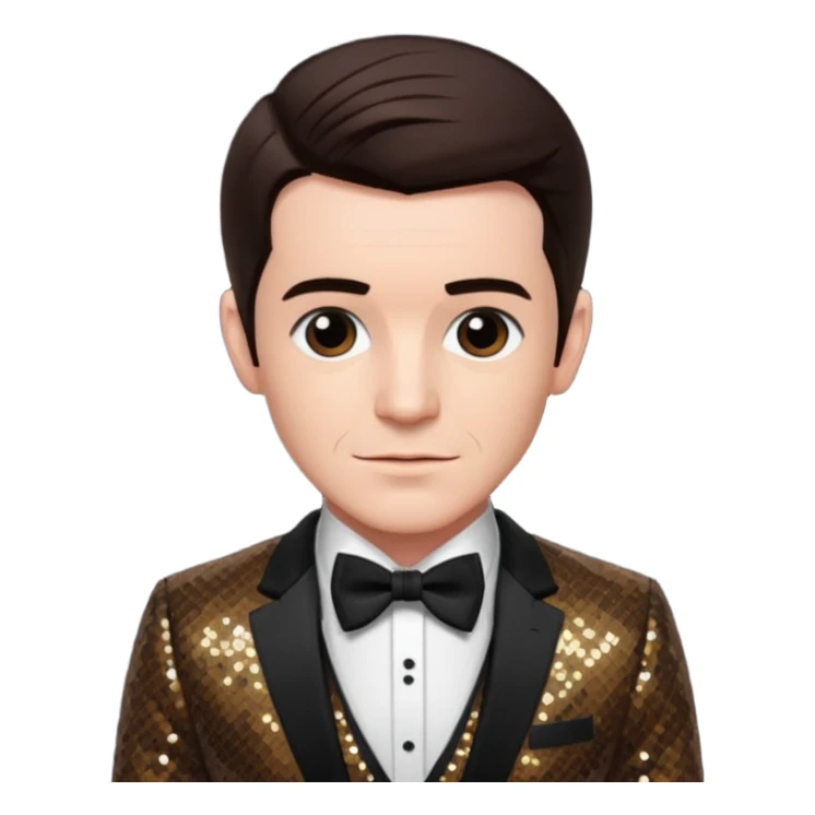 Drake Bell with dark brown hair, brown sequin suit with bow tie sticker