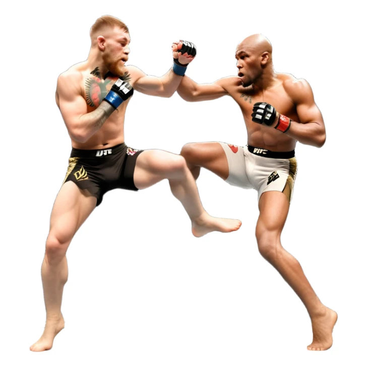 An MMA showdown between Conor McGregor and Anderson Silva in the octagon. McGregor is executing a powerful jumping strike, while Silva is expertly blocking the attack with his forearm. The background features the UFC octagon, fans in the distance, and dynamic action. Transparent background sticker