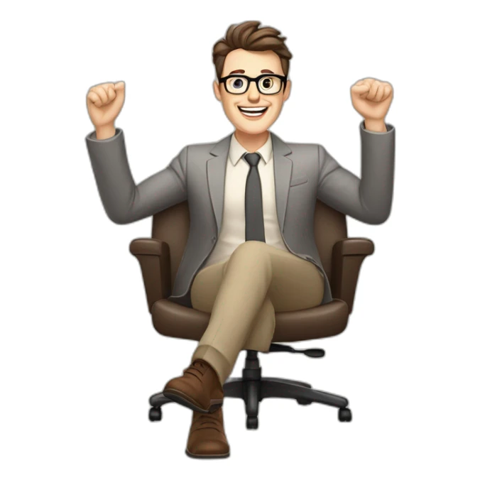 Joyful Celebrating victory Hands up Pale skinned Fit Man With dark brown hair in gray jacket, beige office shirt, Brown pants and vintage glasses sitting In a soft chair sticker
