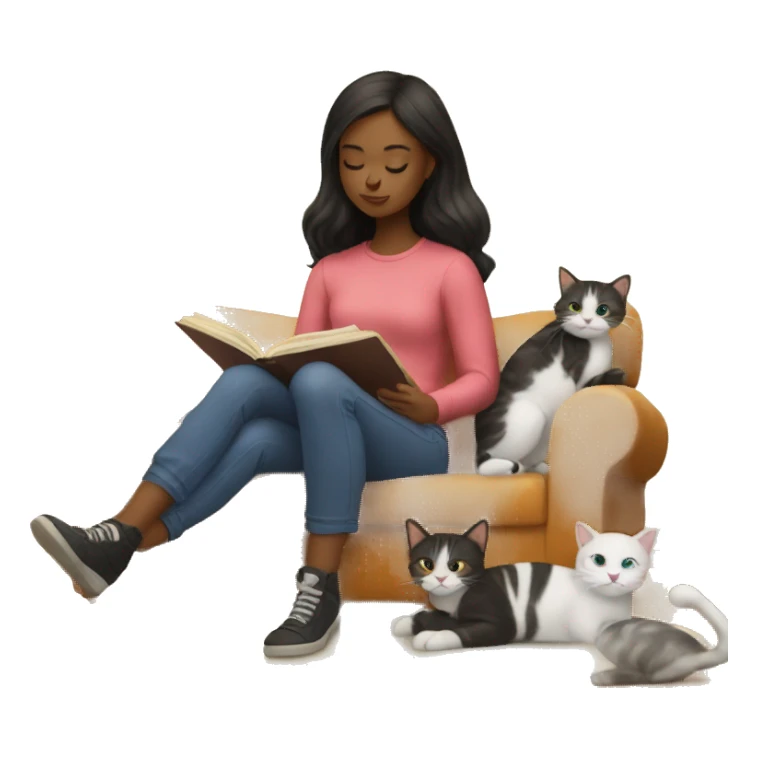 Girl reading book on couch with cats sticker