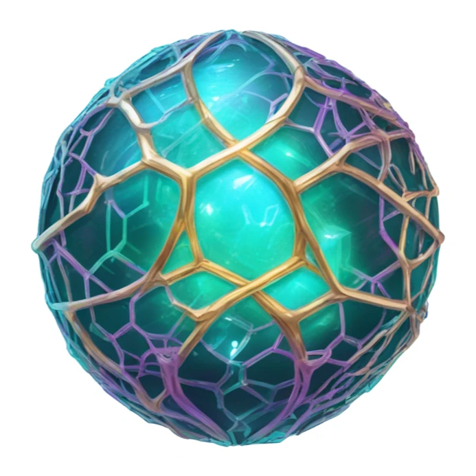 a glowing crystal orb with holographic circuits delicate bioluminescent vines. teal, purple, and gold sticker
