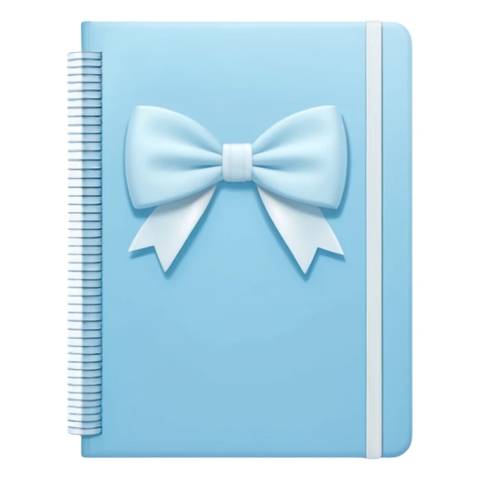 notebook with light blue cover and white bow illustration on front, gentle pastel look sticker