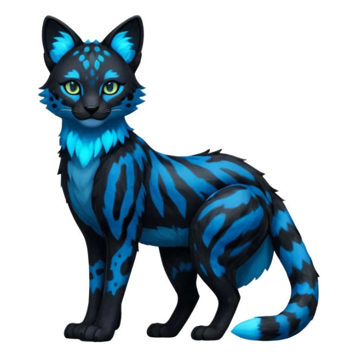 Realistic Obsidian-pitch-black fur body with neon-glowing-blue ring-markings Grem2-Gremz-serval-panther-Sergal-fusion, full body  sticker