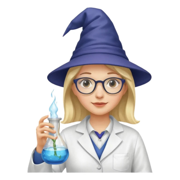 woman scientist with glasses, wearing wizard hat custome, with glass vase sticker