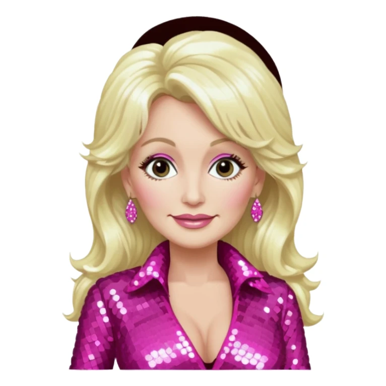 Dolly Parton with long platinum blonde hair, dark pink sequin outfit sticker