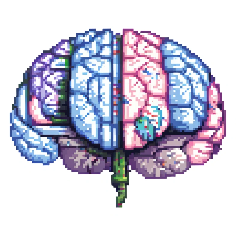 pixel art of a brain with glitchy, distorted effects, representing brainrot sticker