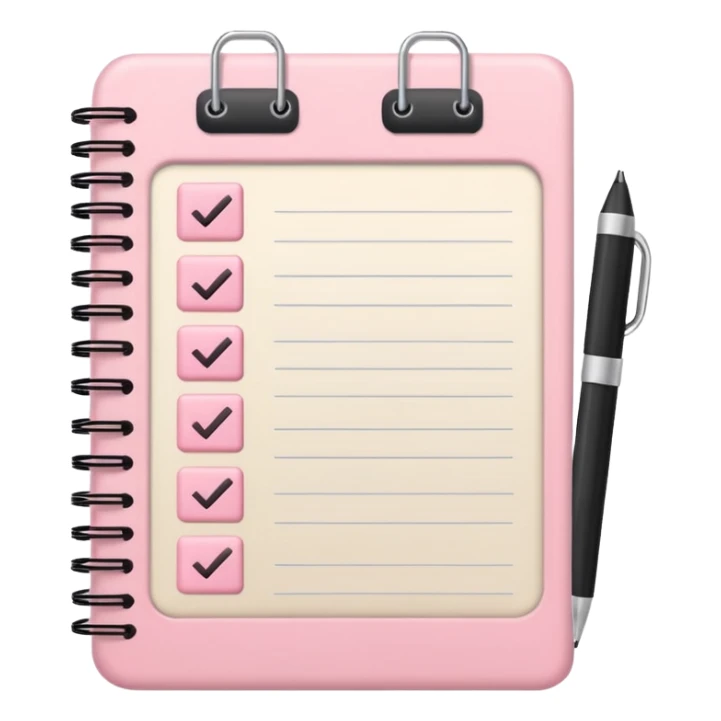 cute open pastel pink notebook with checkboxes and tasks, iOS Apple emoji style sticker