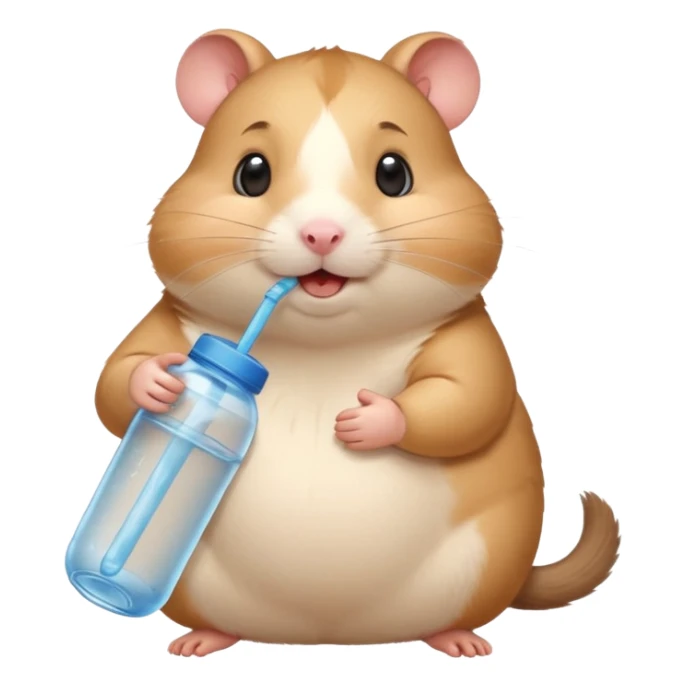 Cute chubby cartoon-style hamster hugging an oversized water bottle, sipping with tiny straw, happy expression. Painterly shading, expressive eyes, white background, sticker-style illustration sticker
