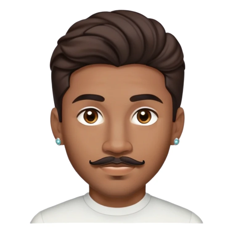 Young man with medium brown skin, mixed-race ethnicity, much longer wavy dark brown hair with a PERFECTLY CENTERED hair part that aligns EXACTLY with the middle of the face, mustache separated from goatee, medium brown eyes, very small diamond stud earrings in both ears, head only with absolutely no shoulders or torso sticker
