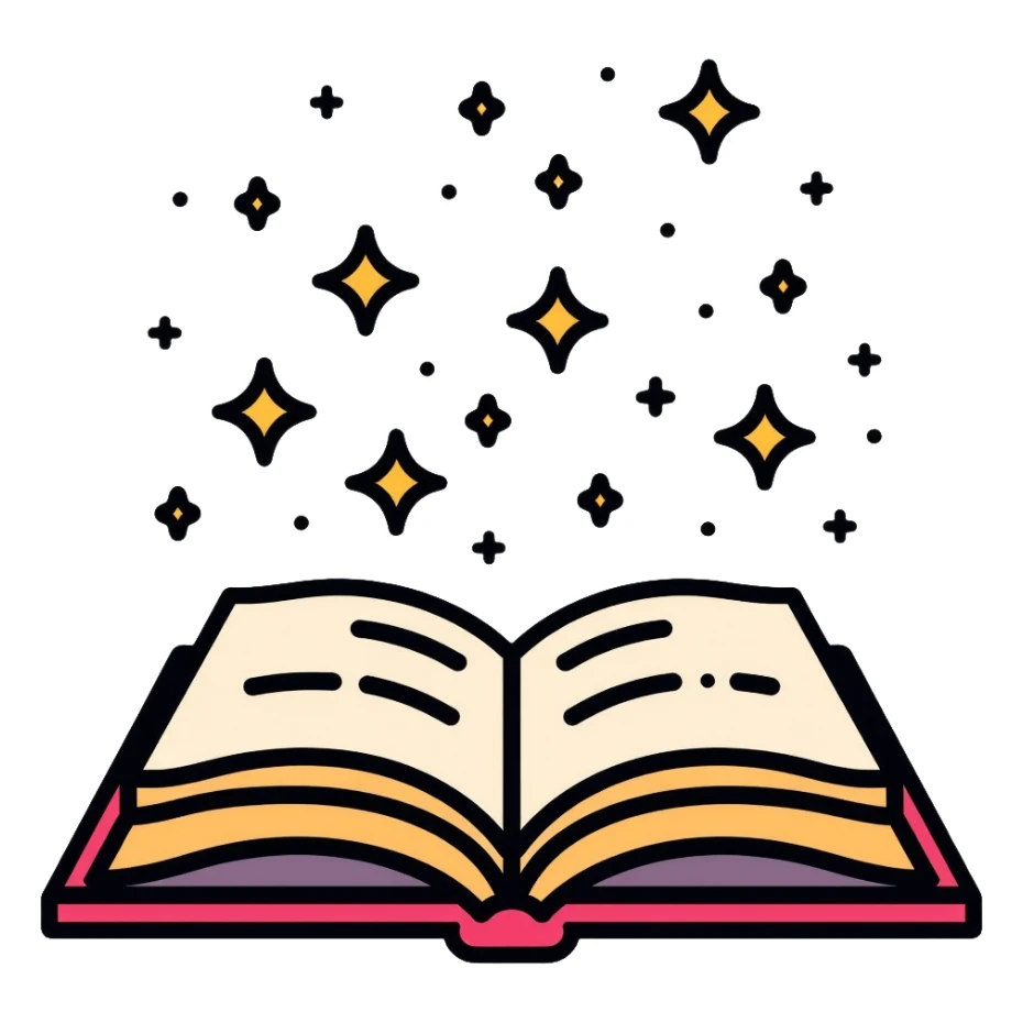 Colorful open book with magical sparkles floating above the pages sticker