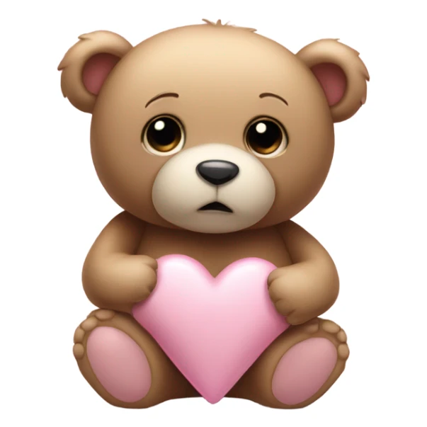 Teddy bear with sad eyes holding a pastel pink heart sticker