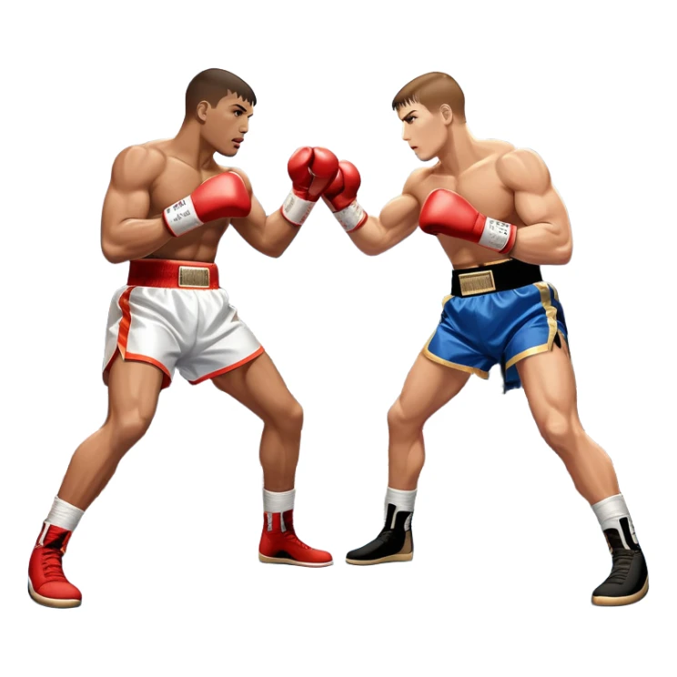  a high-stakes boxing match for the world championship title. Two professional boxers, wearing gloves and championship belts, exchange powerful punches in the center of the ring. The background features a packed arena with bright lights, a roaring crowd, and the championship banner hanging above.  sticker