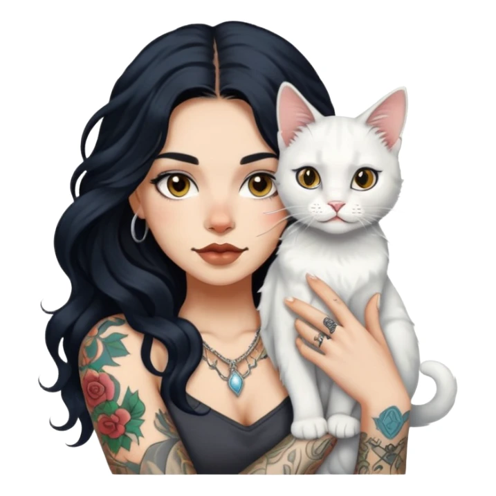 girl with long wave black hair and tattoos and a white cat sticker