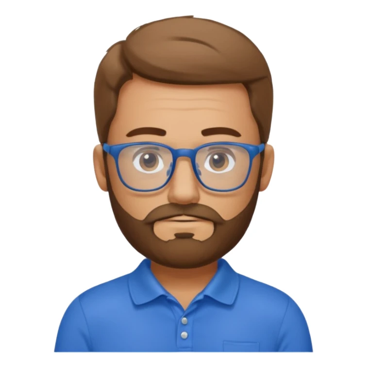 A tanned bearded man wearing glasses and a blue polo sticker