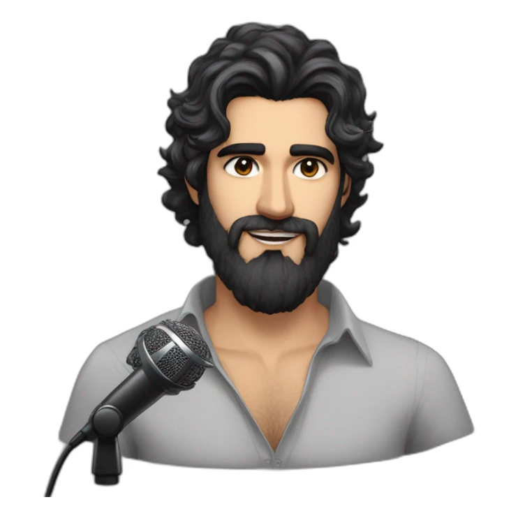 Brazilian Voice Actor Jefferson Melo, long beard, dark brown eyes under thick eyebrows, wavy messy black hair with a little gray wearing a taper haircut holding a voice over studio microphone sticker