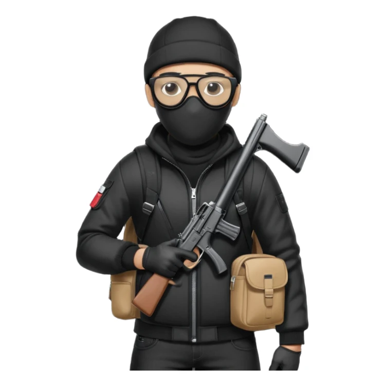 YN wearing a ski mask, holding a gun, all black fit, black jeans, Sprayground bookbag, confident stance with glasses sticker