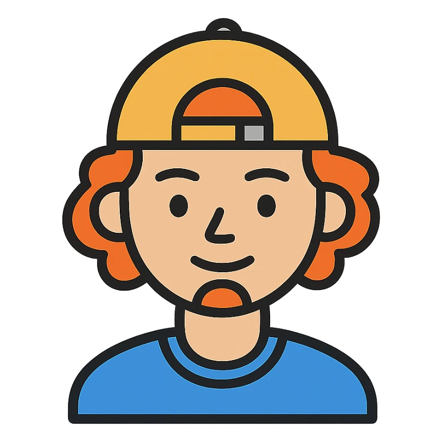 A boy with a backward cap, curly orange hair, and a goatee sticker