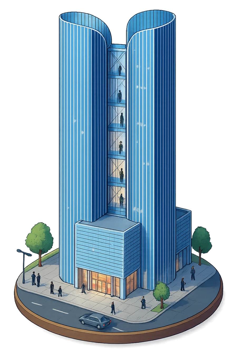 Изометричная, яркая, детализированная и фотореалистичная иллюстрация башни Moscow Towers на круглой подставке - чёткие линии, слегка мультяшная но объемная стилистика, прозрачный фон, не обрезать края картинки sticker