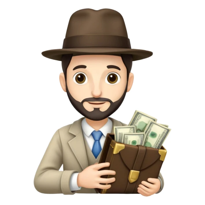 Jewish man with Jewish hat holding money and Torah sticker