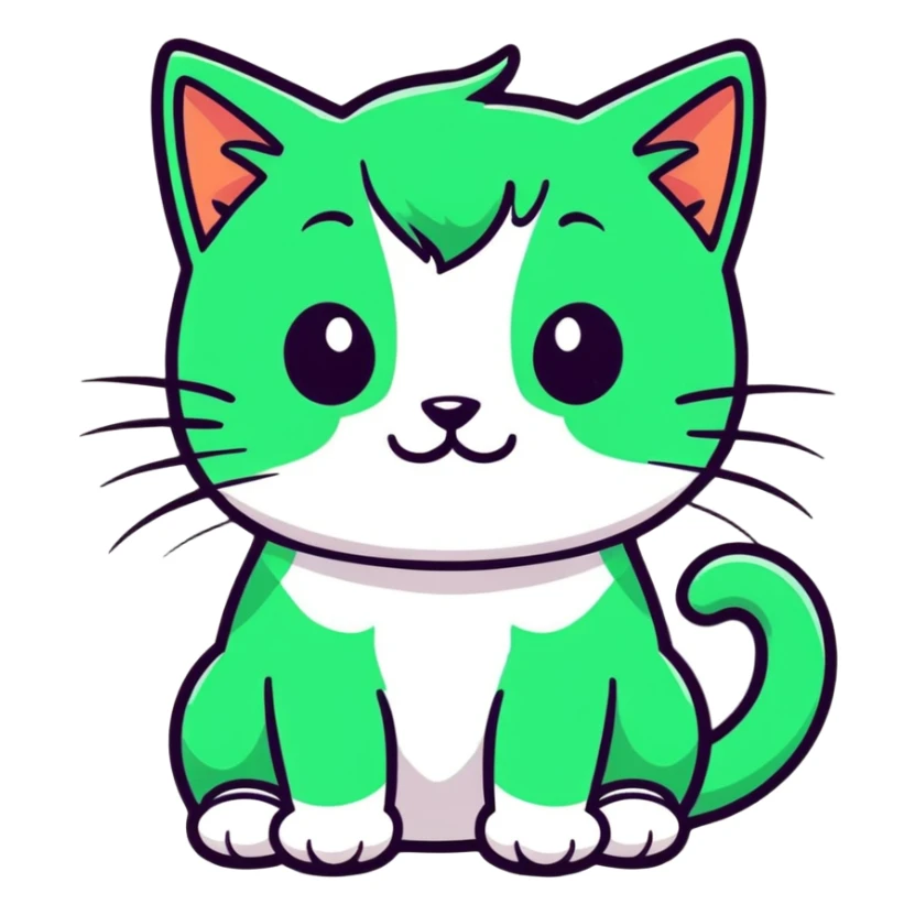 a cat with green hair, cartoonish sticker style sticker