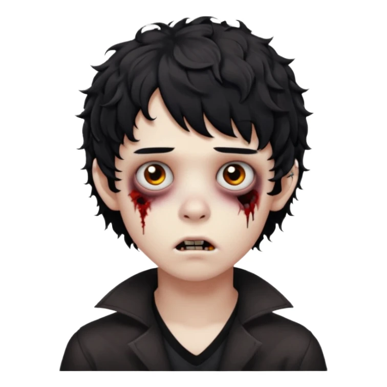 Boy, zombie, black curly wavy hair with bangs, short , round shaped hair, emo, dark, spooky, bored expression sticker